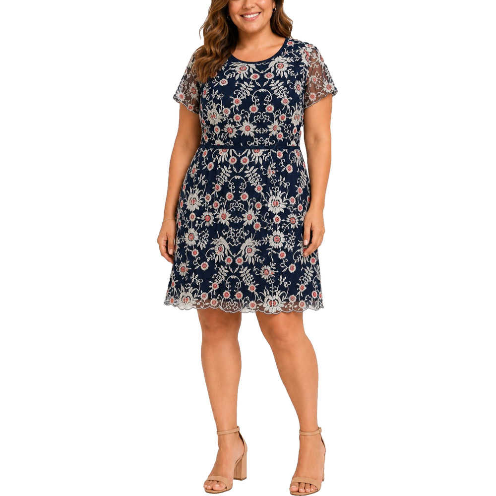 Adrianna Papell Womens Navy Floral Embroidered Mesh Cocktail Dress 14 XL Lined